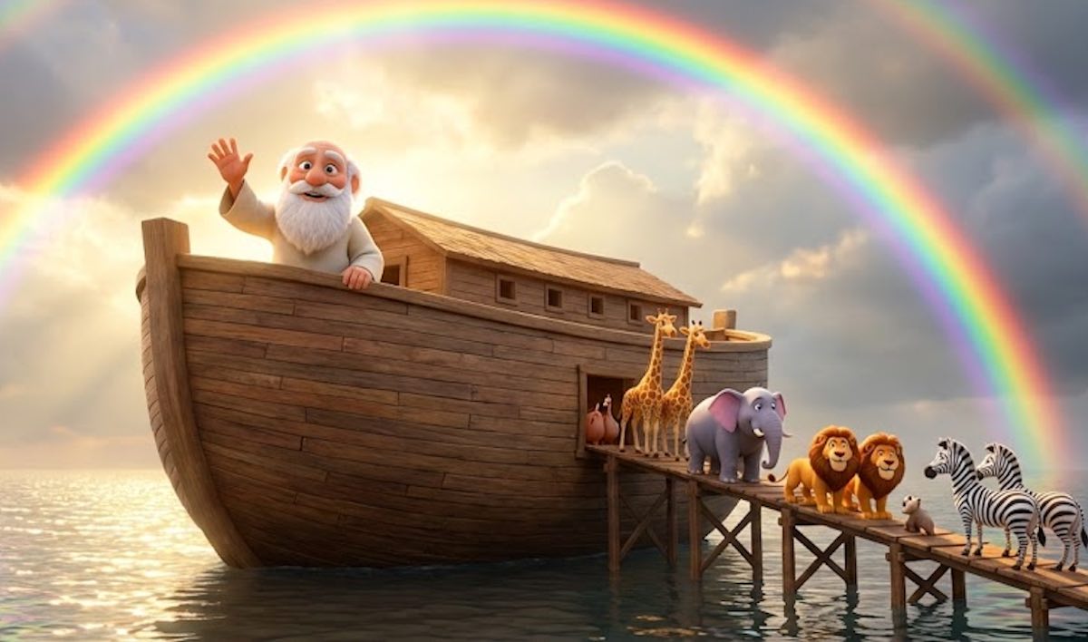 Ilustración 3D estilo animación del Arca de Noé con muchos animales y un arcoíris
