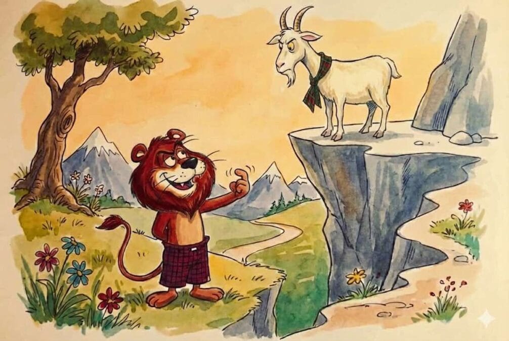 Cabra inteligente observando al león desde lo alto de una roca para evitar su trampa.