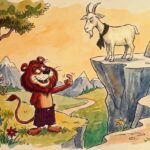 Cabra inteligente observando al león desde lo alto de una roca para evitar su trampa.