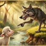Un lobo grande y gris con mirada astuta discutiendo con un pequeño y esponjoso cordero blanco junto a un riachuelo en el bosque.
