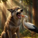 la cigueña ayuda al lobo con su problema