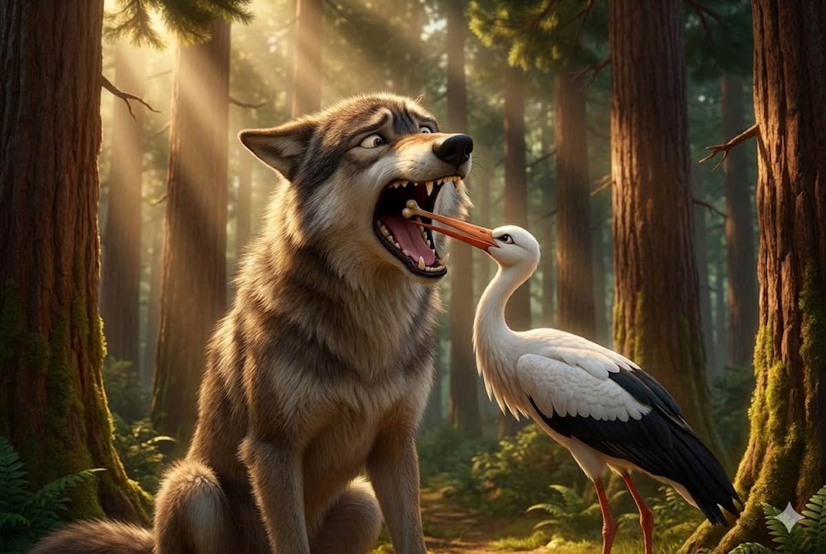 la cigueña ayuda al lobo con su problema