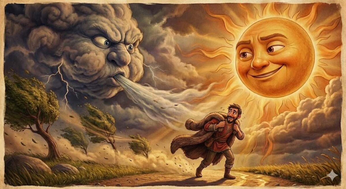 Ilustración de la fábula de Esopo donde el sol brilla cálidamente, logrando que el viajero se quite la capa por voluntad propia, mientras el Viento del Norte observa derrotado en un fondo nublado.