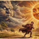 Ilustración de la fábula de Esopo donde el sol brilla cálidamente, logrando que el viajero se quite la capa por voluntad propia, mientras el Viento del Norte observa derrotado en un fondo nublado.