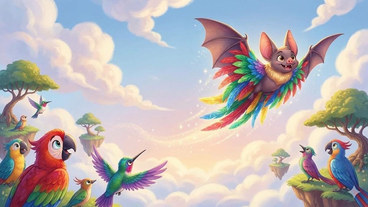 Ilustración del murciélago presumido volando con plumas de muchos colores y presumiendo ante otras aves.