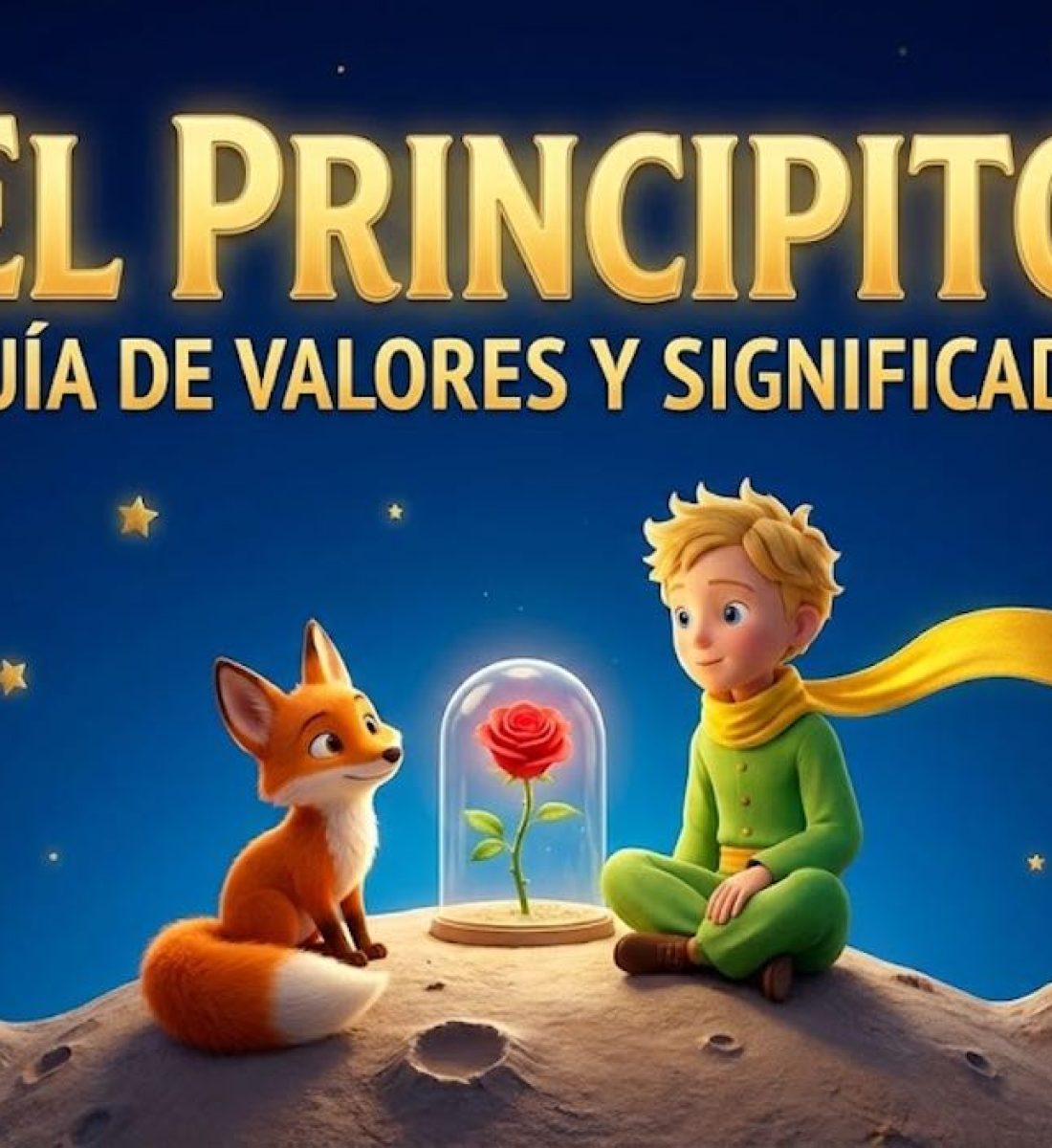 Ilustración 3D estilo Pixar del Principito sentado en su asteroide junto al Zorro y la Rosa bajo la cúpula. En la parte superior, texto dorado que dice: "EL PRINCIPITO - GUÍA DE VALORES Y SIGNIFICADO". Portada para el análisis educativo de la obra.