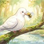 Ilustración de una paloma blanca y una abeja mirándose con amistad en un bosque soleado.