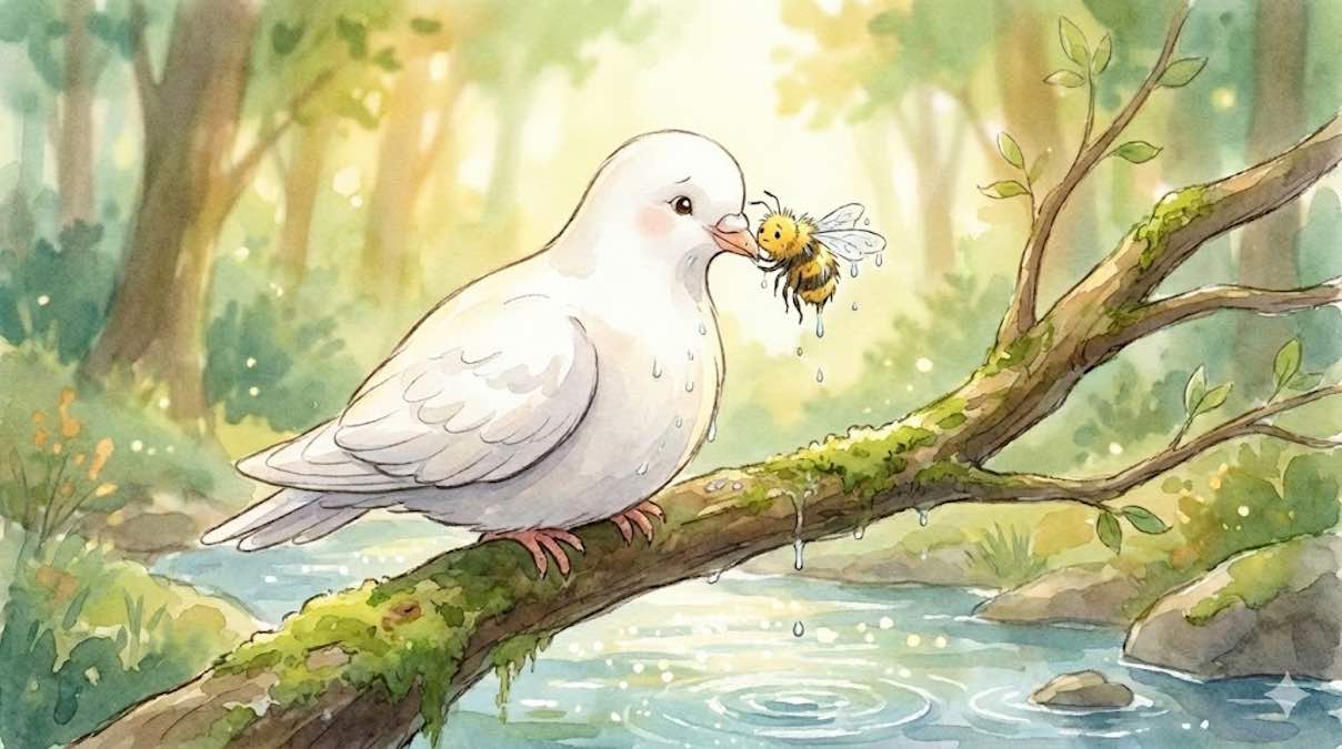 Ilustración de una paloma blanca y una abeja mirándose con amistad en un bosque soleado.