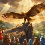 Águila real majestuosa rodeada de diferentes tipos de aves pequeñas en un bosque, estilo animación 3D.