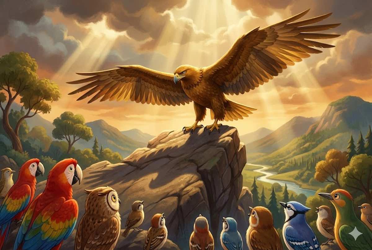 Águila real majestuosa rodeada de diferentes tipos de aves pequeñas en un bosque, estilo animación 3D.