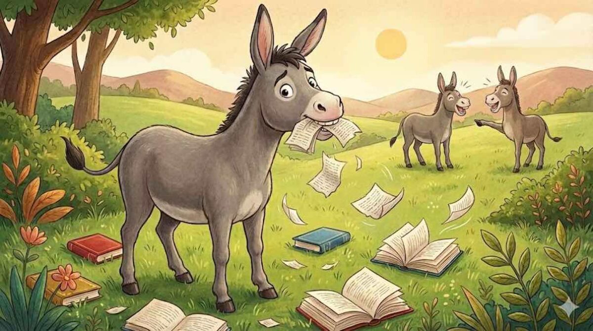 Ilustración de un burro comiendo libros en un prado intentando aprender.