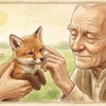 Un anciano ciego toca con sus manos a un pequeño cachorro de lobo o zorro mientras explica que es peligroso para las ovejas.