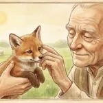 Un anciano ciego toca con sus manos a un pequeño cachorro de lobo o zorro mientras explica que es peligroso para las ovejas.