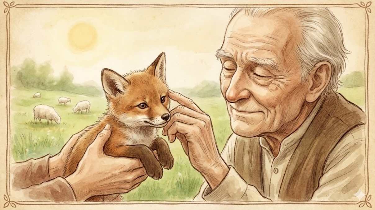 Un anciano ciego toca con sus manos a un pequeño cachorro de lobo o zorro mientras explica que es peligroso para las ovejas.