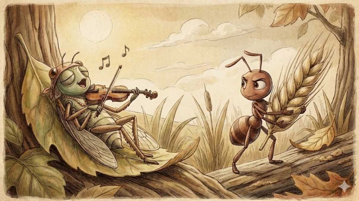 Contraste entre una cigarra relajada tocando el violín bajo el sol y una hormiga cargando comida con esfuerzo, con un fondo que sugiere el cambio de estación.