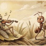 Contraste entre una cigarra relajada tocando el violín bajo el sol y una hormiga cargando comida con esfuerzo, con un fondo que sugiere el cambio de estación.