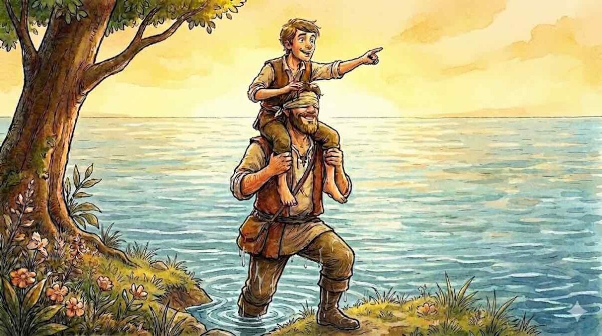 Un hombre ciego carga sobre sus hombros a un hombre cojo mientras cruzan un río, simbolizando el trabajo en equipo y la superación de dificultades.