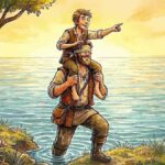 Un hombre ciego carga sobre sus hombros a un hombre cojo mientras cruzan un río, simbolizando el trabajo en equipo y la superación de dificultades.