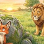 Ilustración de la fábula de Esopo donde una zorra tímida observa con miedo a un gran león en el bosque.
