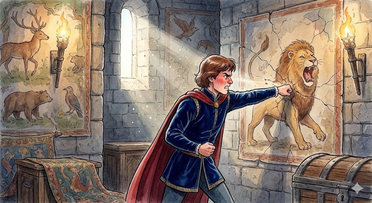 Ilustración infantil de un joven príncipe mirando enfadado a un león pintado en una pared de piedra.