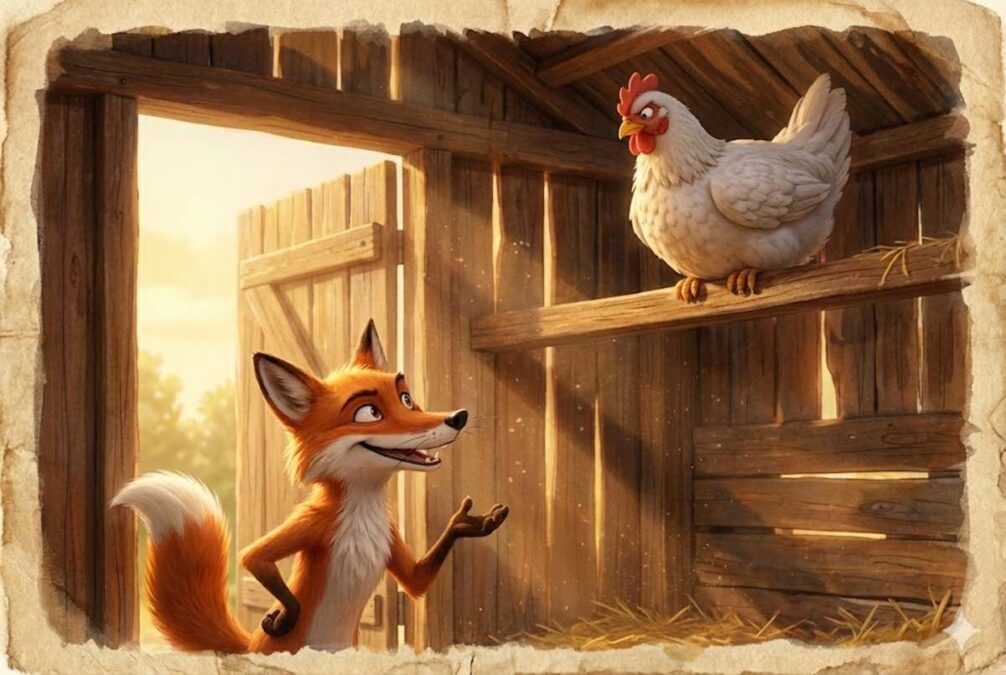 Gallina inteligente observando a la zorra desde lo alto de una viga para evitar su trampa.