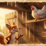 Gallina inteligente observando a la zorra desde lo alto de una viga para evitar su trampa.