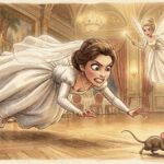 Una elegante mujer vestida de novia salta impulsivamente de una mesa elegante para perseguir a un pequeño ratón, revelando su comportamiento felino ante la sorpresa de los invitados.