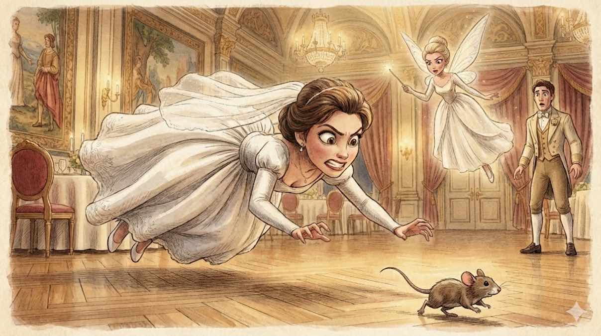 Una elegante mujer vestida de novia salta impulsivamente de una mesa elegante para perseguir a un pequeño ratón, revelando su comportamiento felino ante la sorpresa de los invitados.