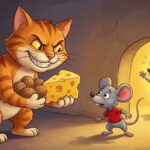 Ilustración del gato Micifuz engañando al ratoncito con queso mientras su madre le advierte.