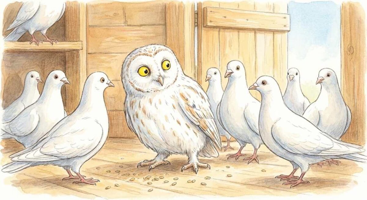 Ilustración infantil de una lechuza pintada de blanco intentando mezclarse con un grupo de palomas en un palomar