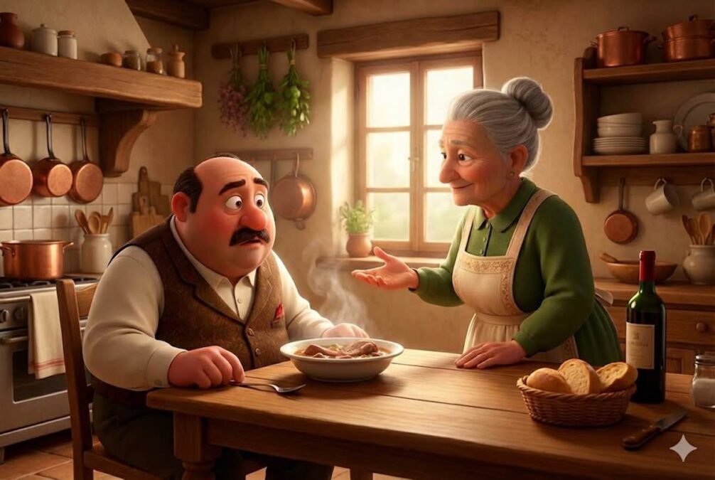 Don Matías confundido frente a un plato de lengua mientras su cocinera le explica la moraleja en una cocina rústica, estilo Pixar 3D