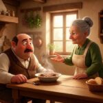 Don Matías confundido frente a un plato de lengua mientras su cocinera le explica la moraleja en una cocina rústica, estilo Pixar 3D