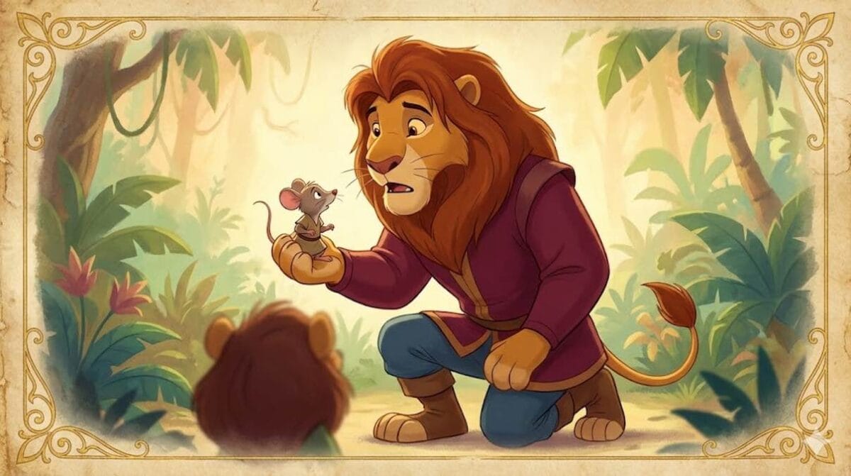 Un majestuoso león de melena dorada observa con ternura a un pequeño ratón gris que sostiene en su pata, en un entorno de selva mágica y luminosa.