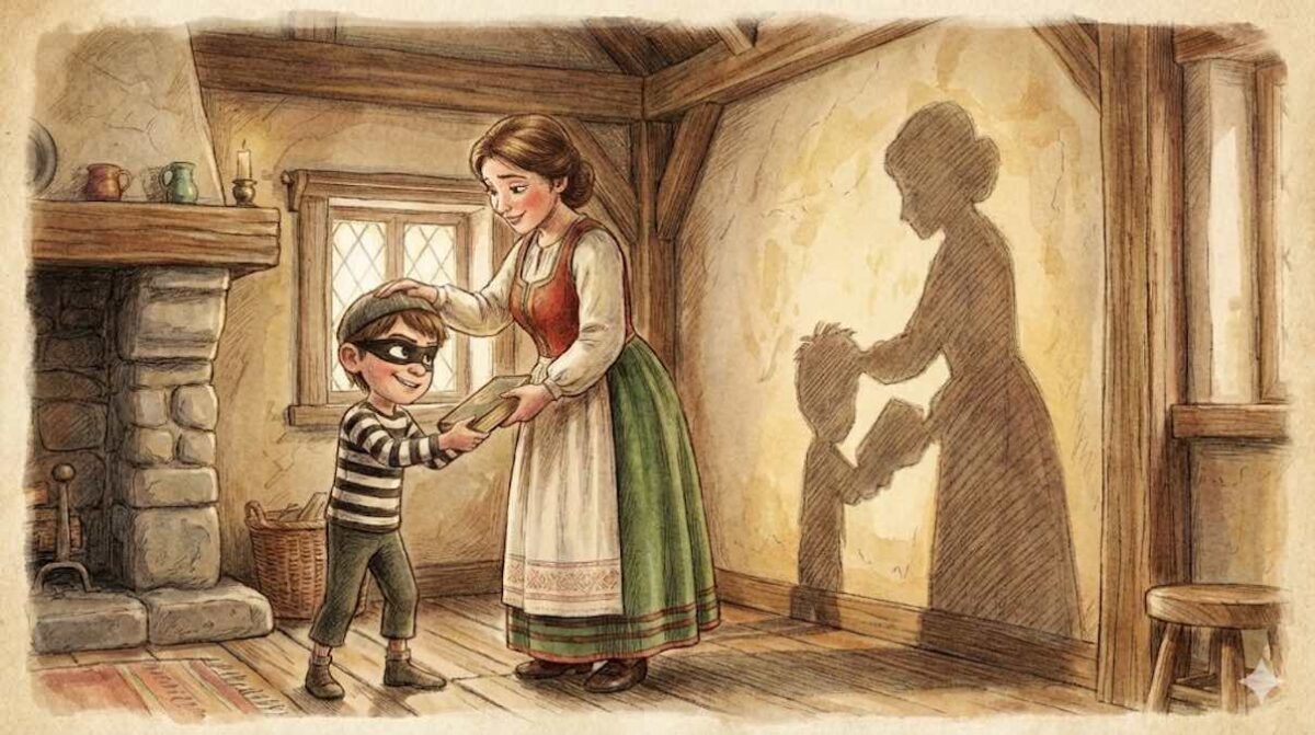 Un niño pequeño ofrece un libro robado a su madre, quien sonríe y lo acepta en lugar de regañarle, en una escena de estilo cuento clásico.