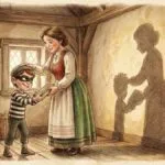 Un niño pequeño ofrece un libro robado a su madre, quien sonríe y lo acepta en lugar de regañarle, en una escena de estilo cuento clásico.