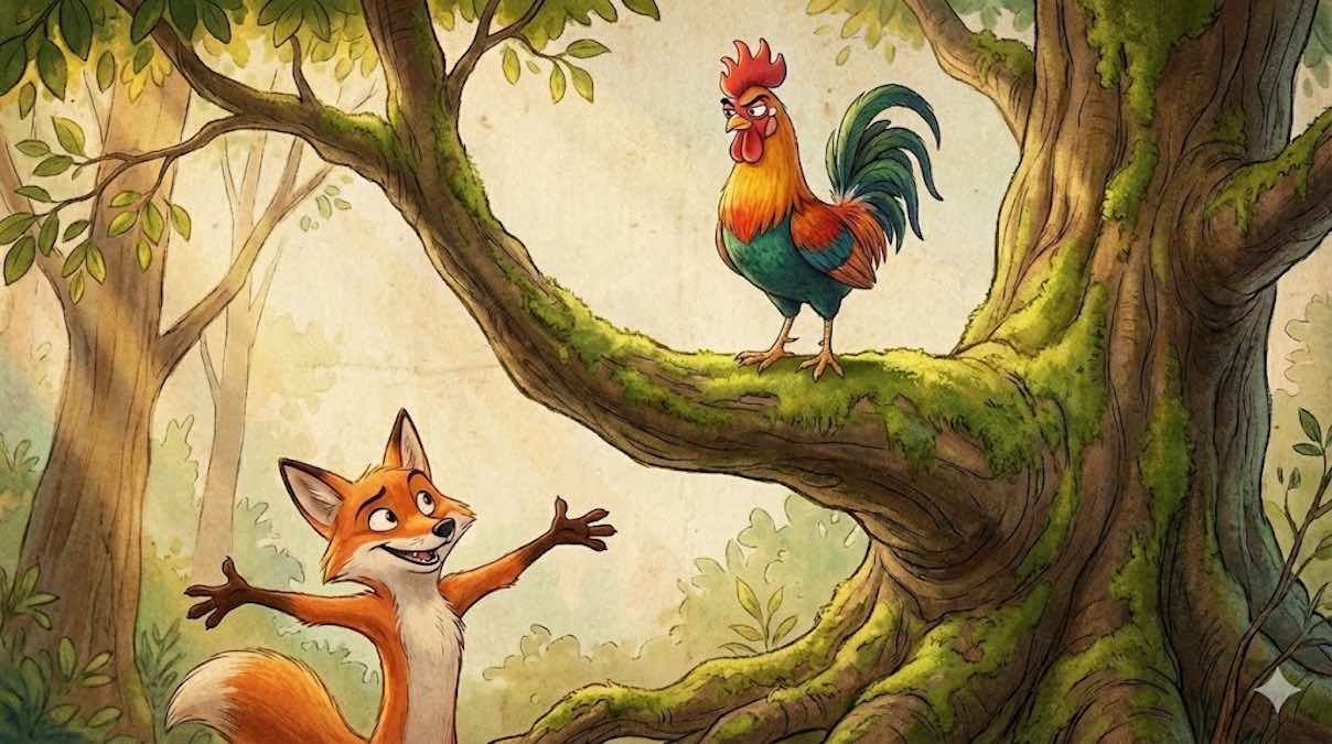 Gallo subido a la rama de un árbol mirando con desconfianza a una zorra que le habla desde el suelo fingiendo ser amable.