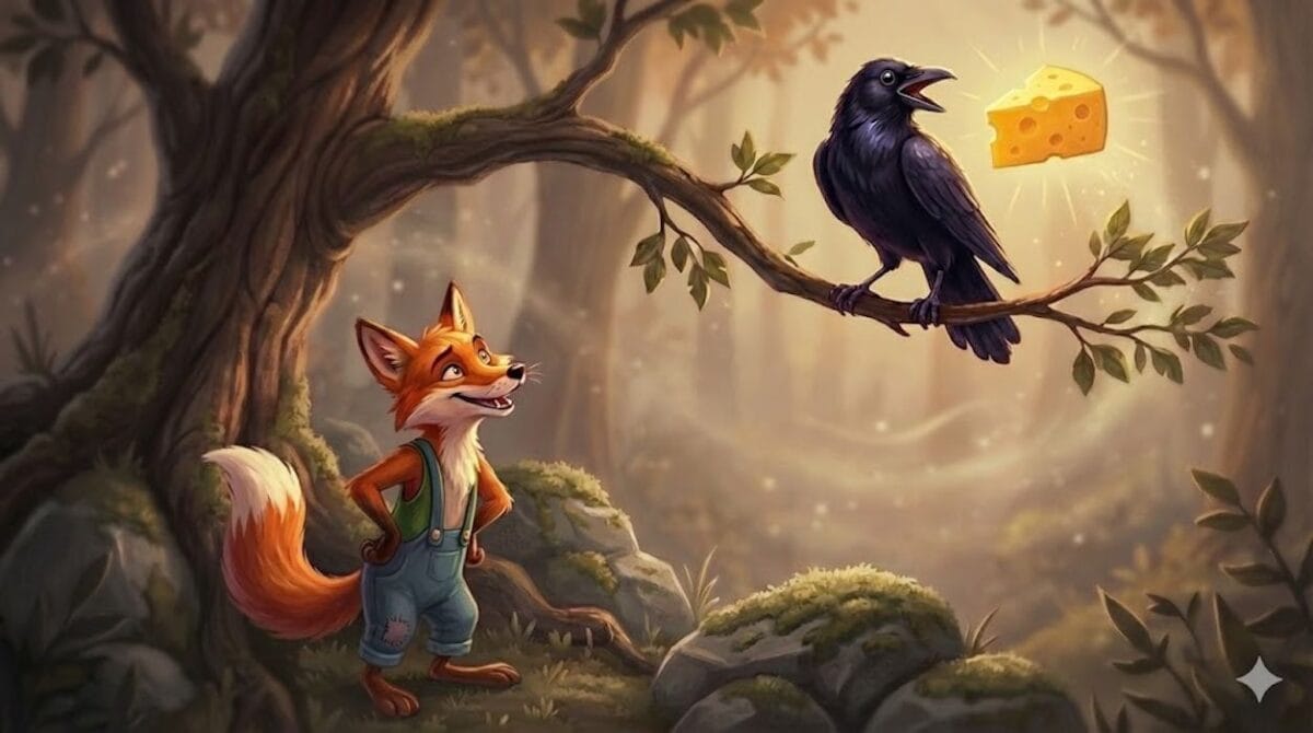 Ilustración de la fábula donde un zorro astuto mira desde el suelo a un cuervo vanidoso en un árbol a punto de soltar un queso.
