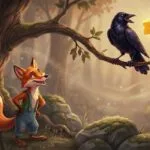 Ilustración de la fábula donde un zorro astuto mira desde el suelo a un cuervo vanidoso en un árbol a punto de soltar un queso.