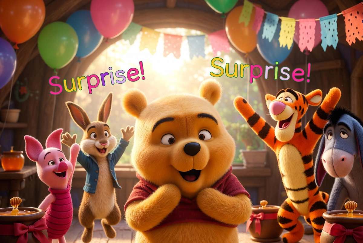 Winnie the Pooh sorprendido por Piglet, Tigger e Ígor en su fiesta sorpresa en el Bosque de los Cien Acres.