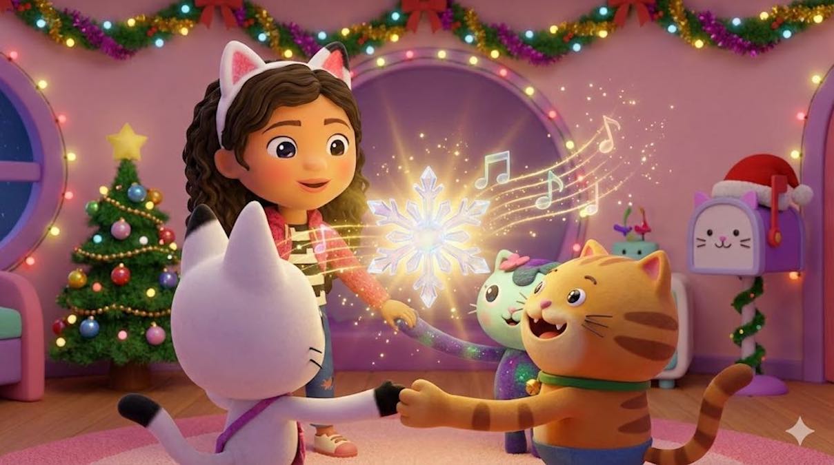 Gabby y Pandy celebrando la navidad con CatRat y un copo de nieve mágico en la Casa de Muñecas