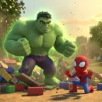 Hulk aprieta los puños furioso ante una montaña de bloques magnéticos rota mientras Spidey intenta calmarlo con gestos suaves en el parque