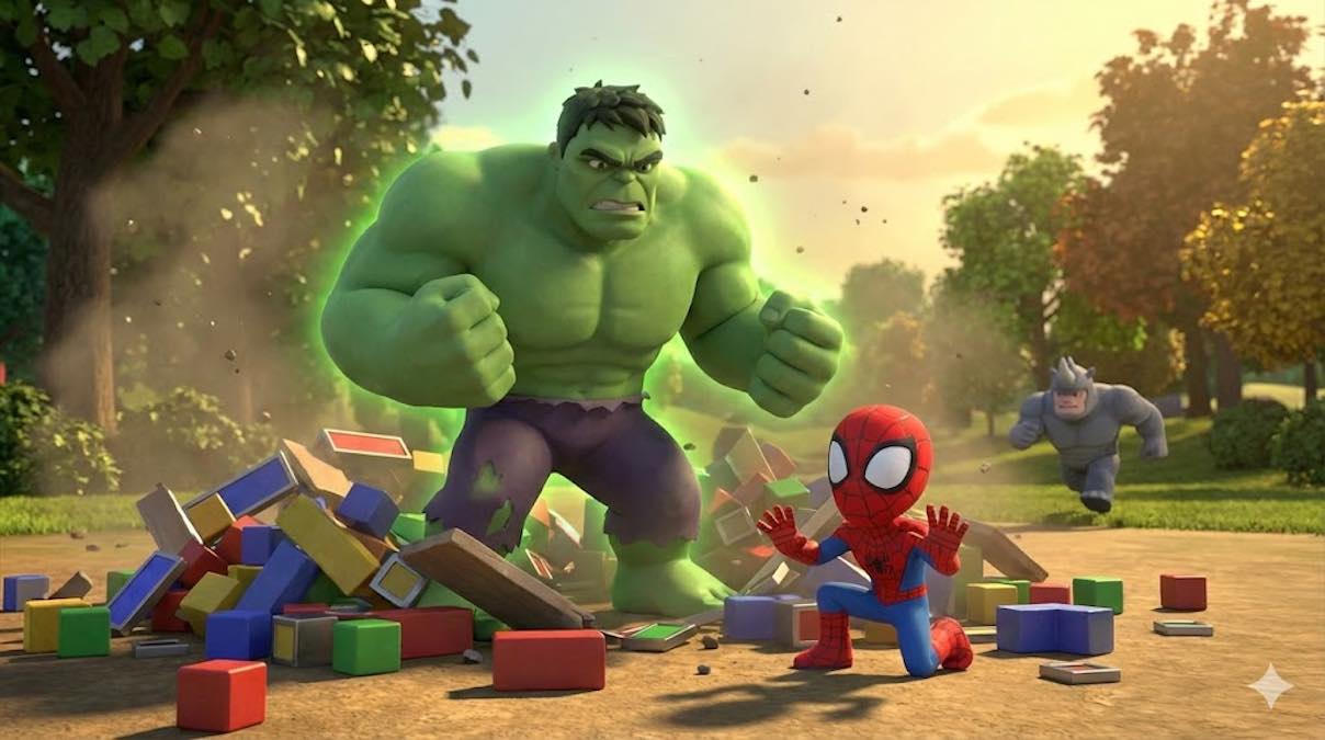 Hulk aprieta los puños furioso ante una montaña de bloques magnéticos rota mientras Spidey intenta calmarlo con gestos suaves en el parque