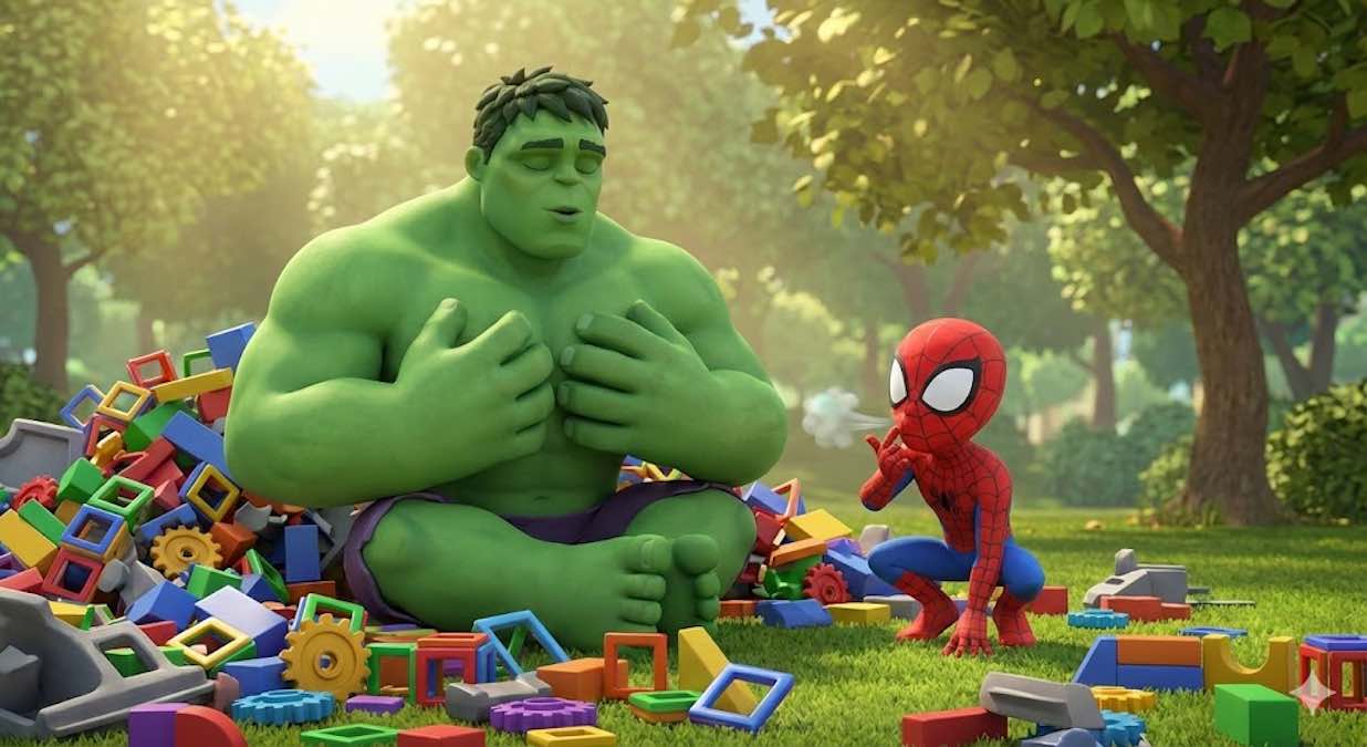 Spidey enseña a Hulk la técnica de la respiración de telaraña entre los juguetes rotos