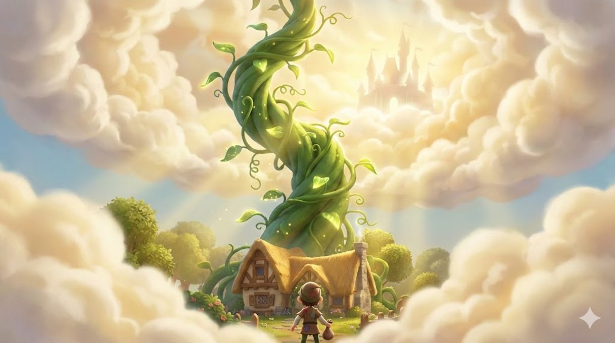 lustración de Juanito trepando una planta de habichuelas mágicas gigante hacia un castillo en el cielo