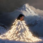La diosa Culibillas, una joven hermosa, rodeada por miles de hormigas blancas que la cubren como un manto brillante bajo la luz de la luna en los Pirineos.