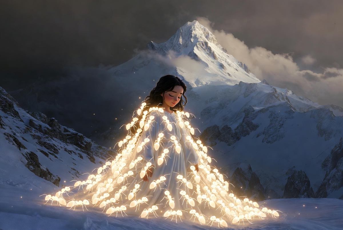 La diosa Culibillas, una joven hermosa, rodeada por miles de hormigas blancas que la cubren como un manto brillante bajo la luz de la luna en los Pirineos.