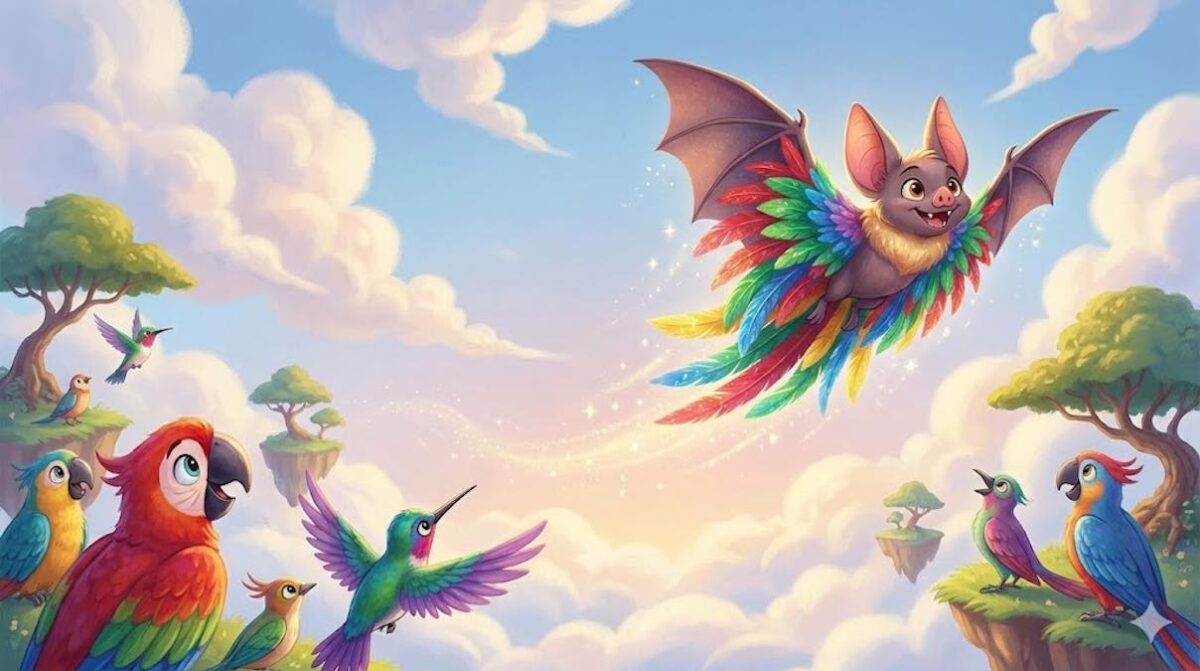 Ilustración del murciélago presumido volando con plumas de muchos colores y presumiendo ante otras aves.
