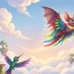 Ilustración del murciélago presumido volando con plumas de muchos colores y presumiendo ante otras aves.