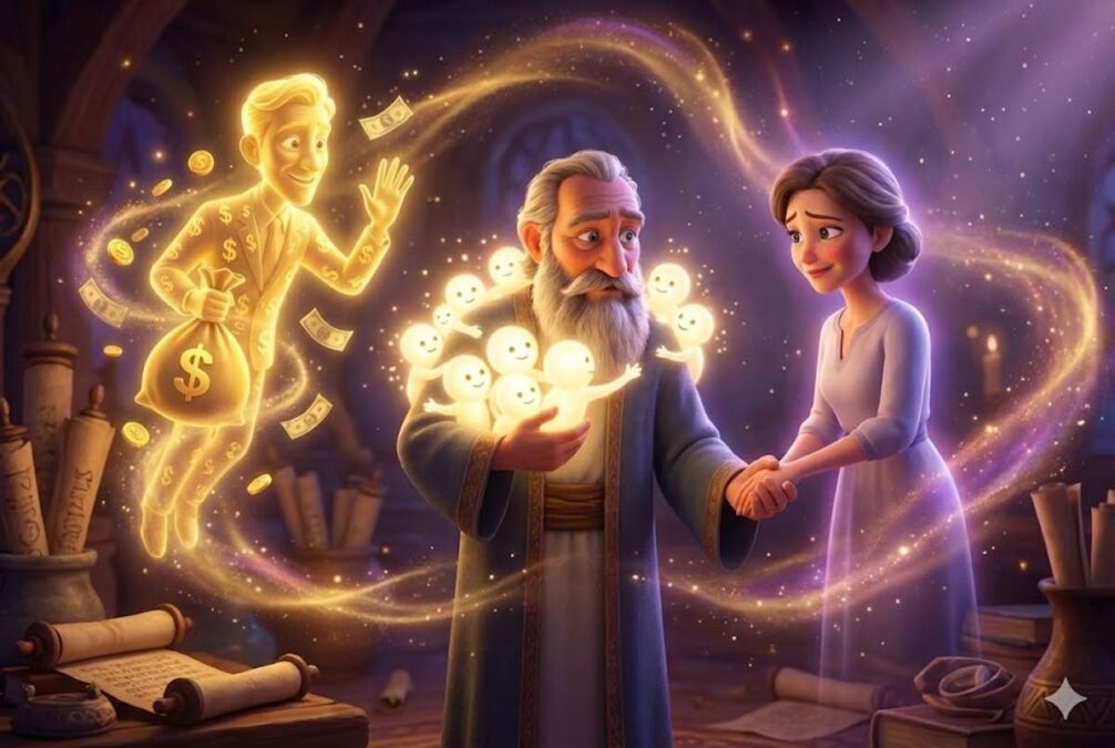 Ilustración 3D de un hombre sabio despidiéndose de la figura del dinero y su esposa, mientras es abrazado por pequeñas luces brillantes que representan sus buenas acciones.