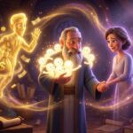 Ilustración 3D de un hombre sabio despidiéndose de la figura del dinero y su esposa, mientras es abrazado por pequeñas luces brillantes que representan sus buenas acciones.